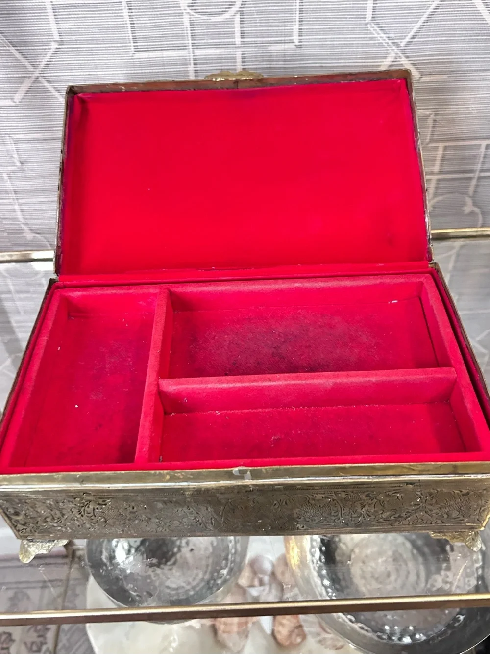 Vintage Etched Brass Jewelry Box Red Velvet Lined Trinket Box